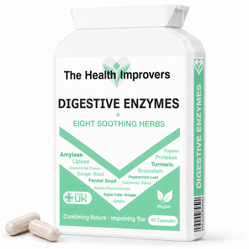Plant-Based Digestive Enzymes supplement bottle by The Health Improvers