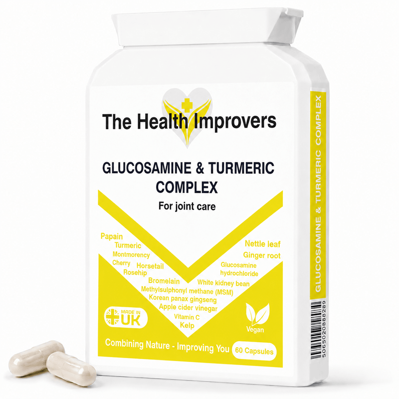 Glucosamine and Turmeric joint supplement bottle by The Health Improvers