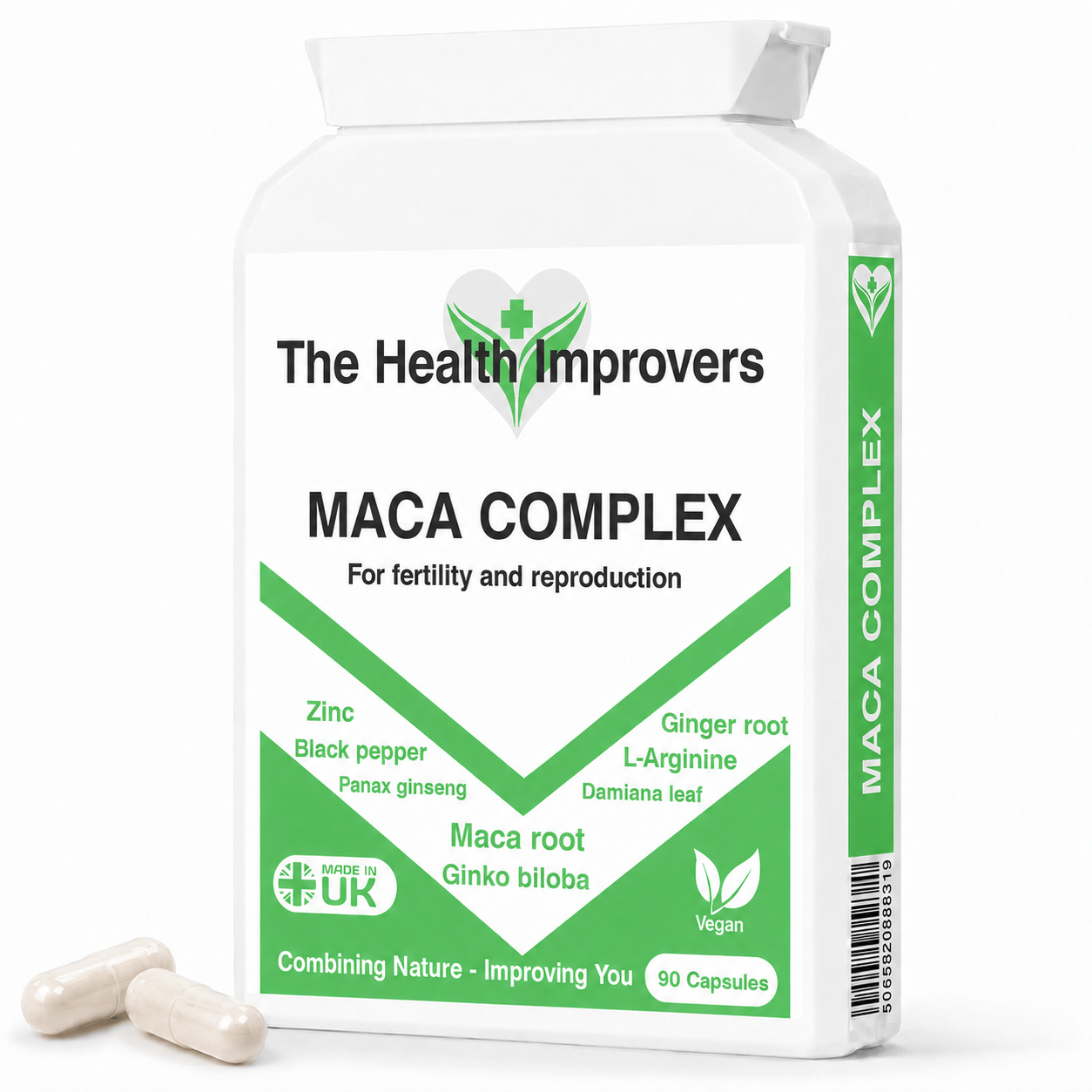 Powerful Maca supplement bottle by The Health Improvers