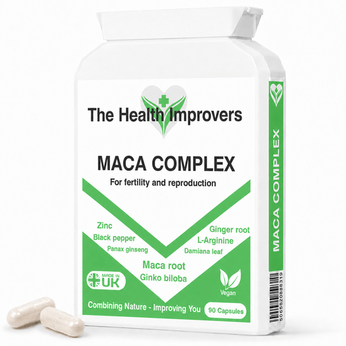 Powerful Maca supplement bottle by The Health Improvers