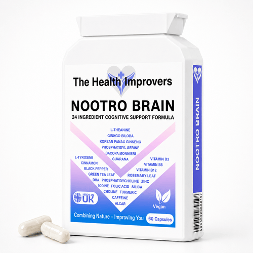 Nootro Brain 24-ingredient cognitive support supplement bottle by The Health Improvers