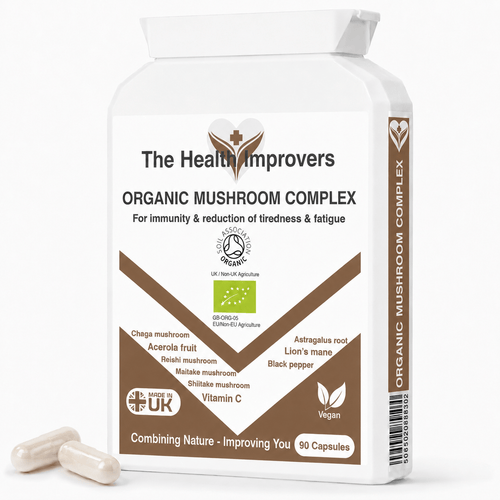Organic Multi-Mushroom Complex bottle by The Health Improvers