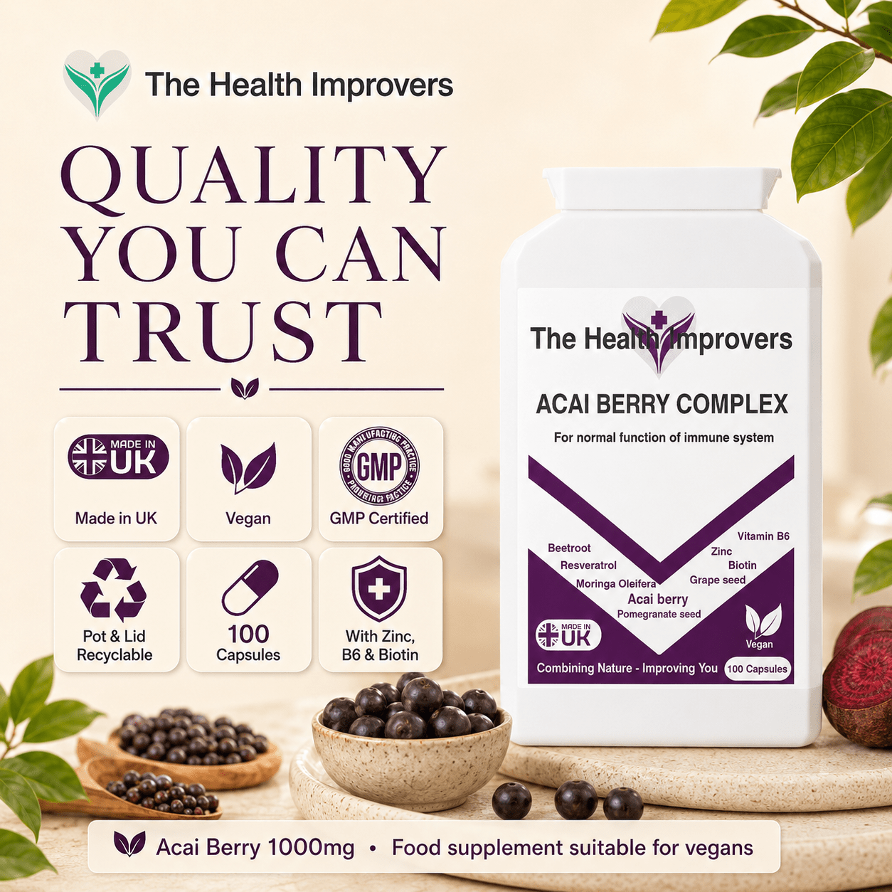 Acai Berry Complex quality standards, UK made, vegan and GMP certified