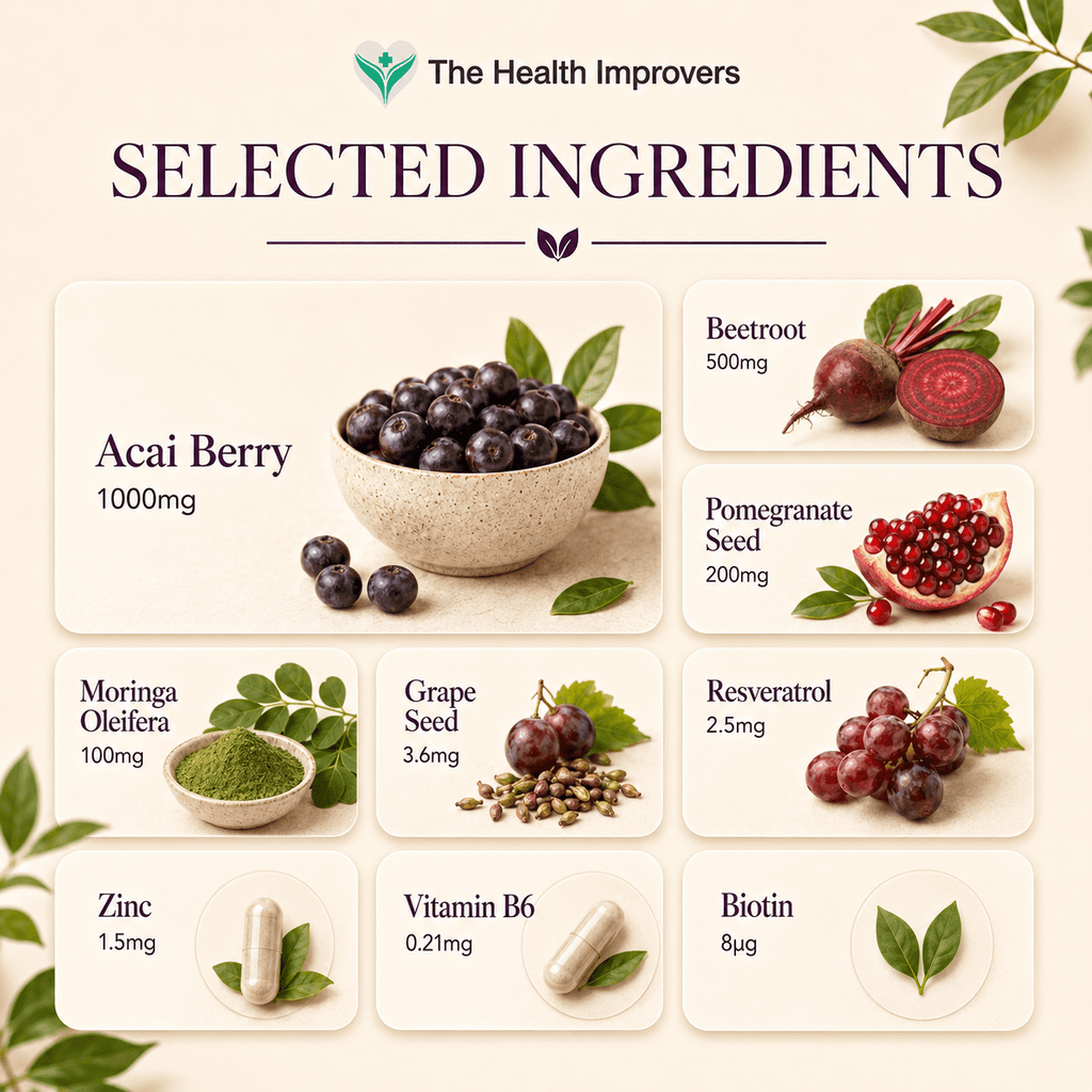 Selected ingredients in Acai Berry Complex including acai berry, beetroot, resveratrol, moringa, green tea and grape seed