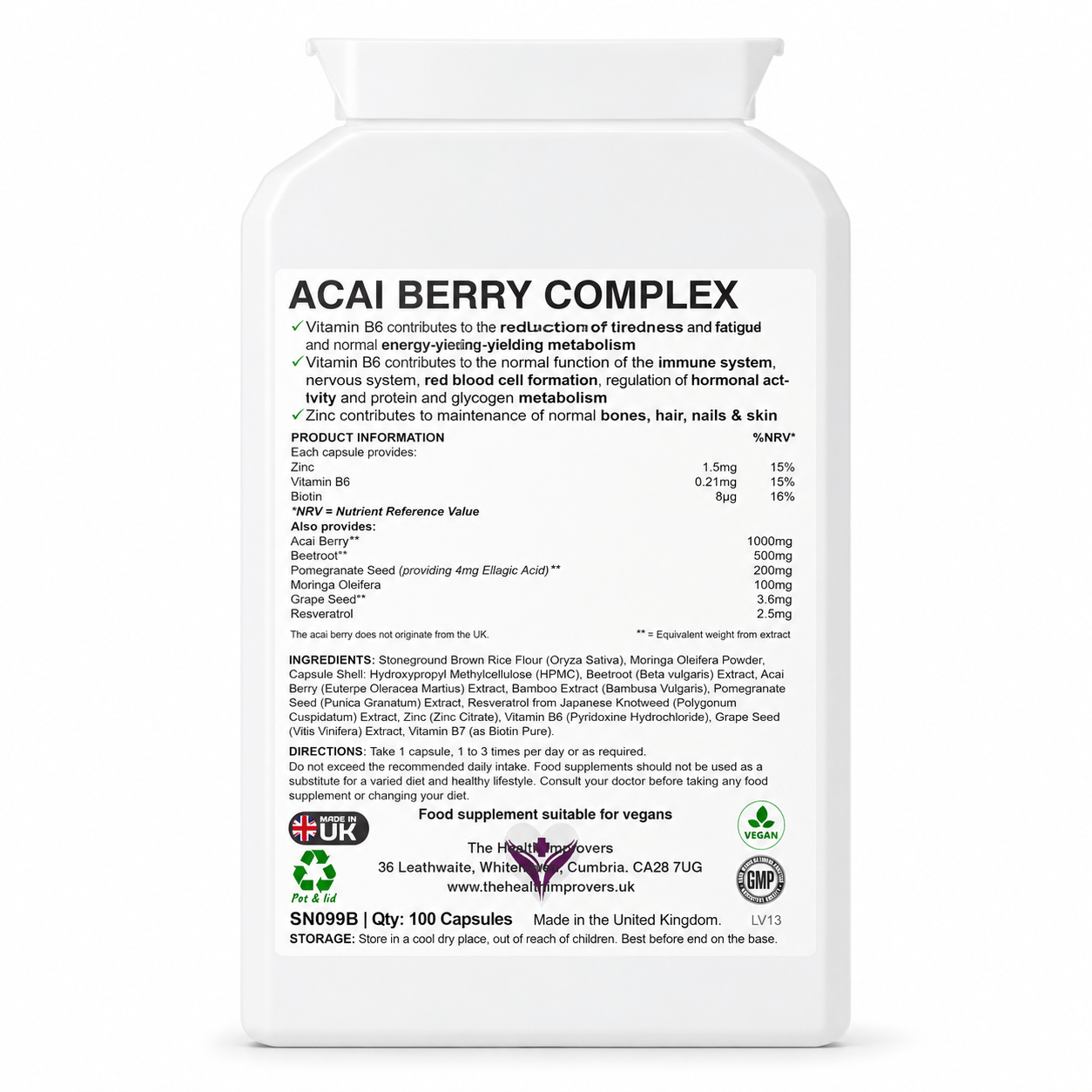 Acai Berry Complex supplement facts and ingredients panel