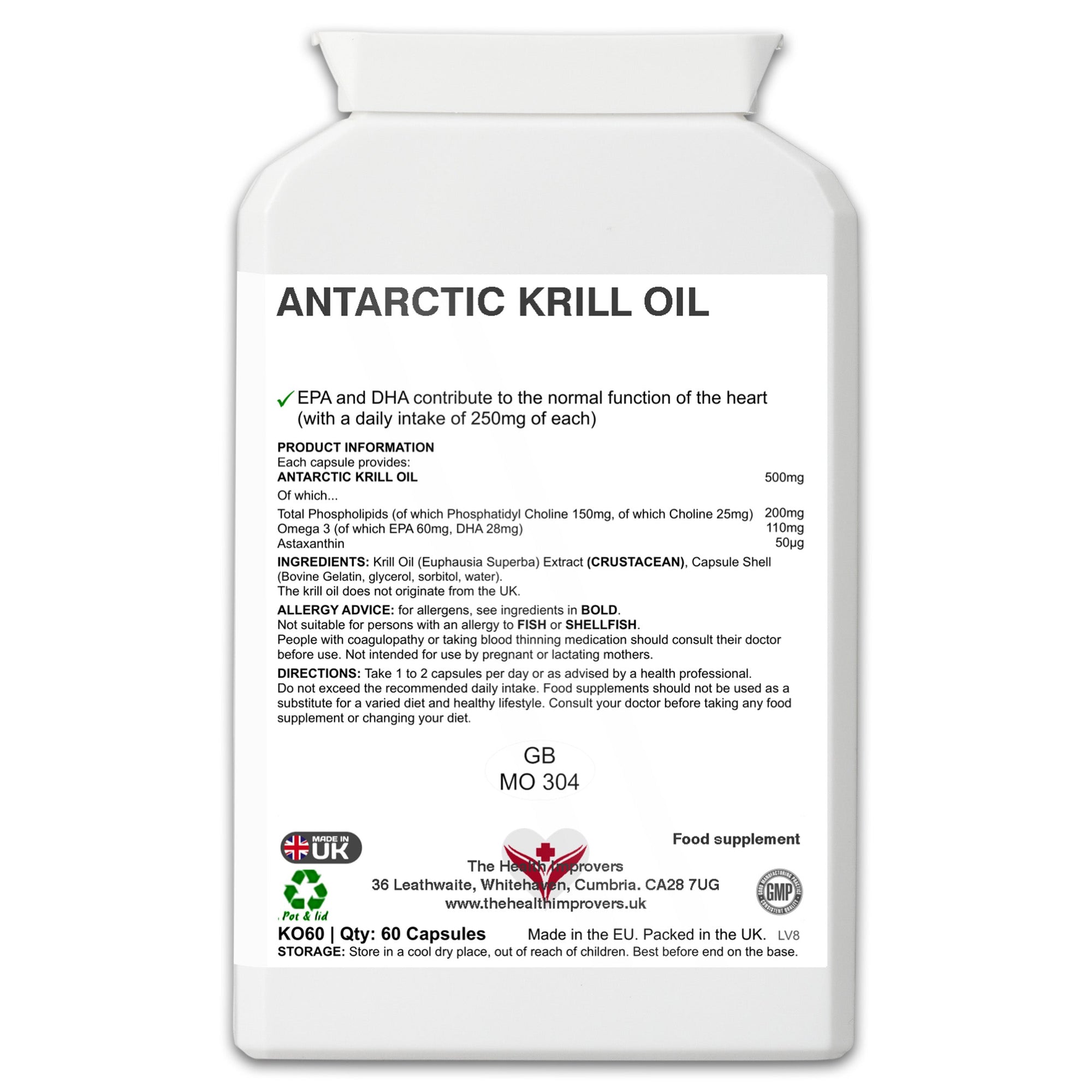 Antarctic Krill Oil Supplement | 500mg | Omega 3 Fatty Acids DHA and EPA | The Health Improvers