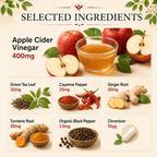Selected ingredients in Apple Cider Vinegar Complex including apple cider vinegar, chromium, cayenne, turmeric and ginger