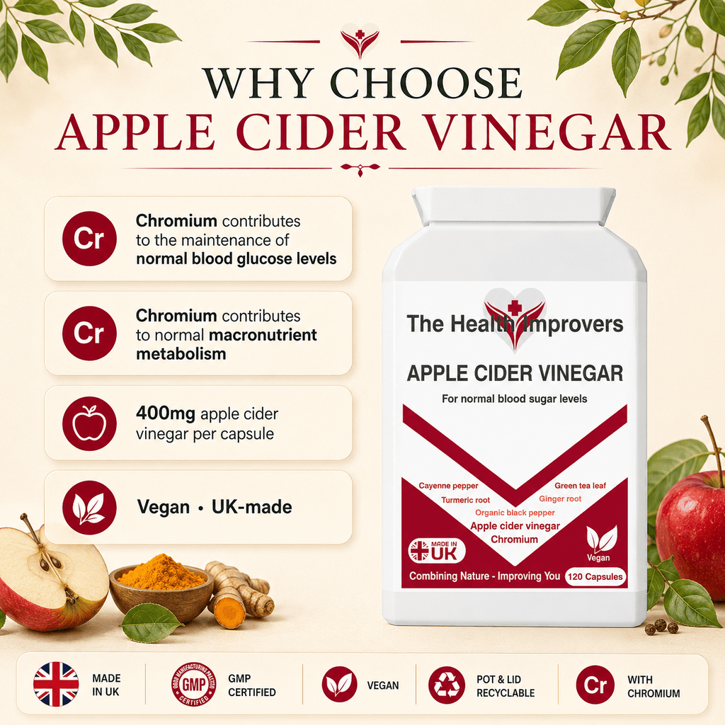 Why choose Apple Cider Vinegar Complex, with chromium for the maintenance of normal blood glucose levels, plus apple cider vinegar and botanicals