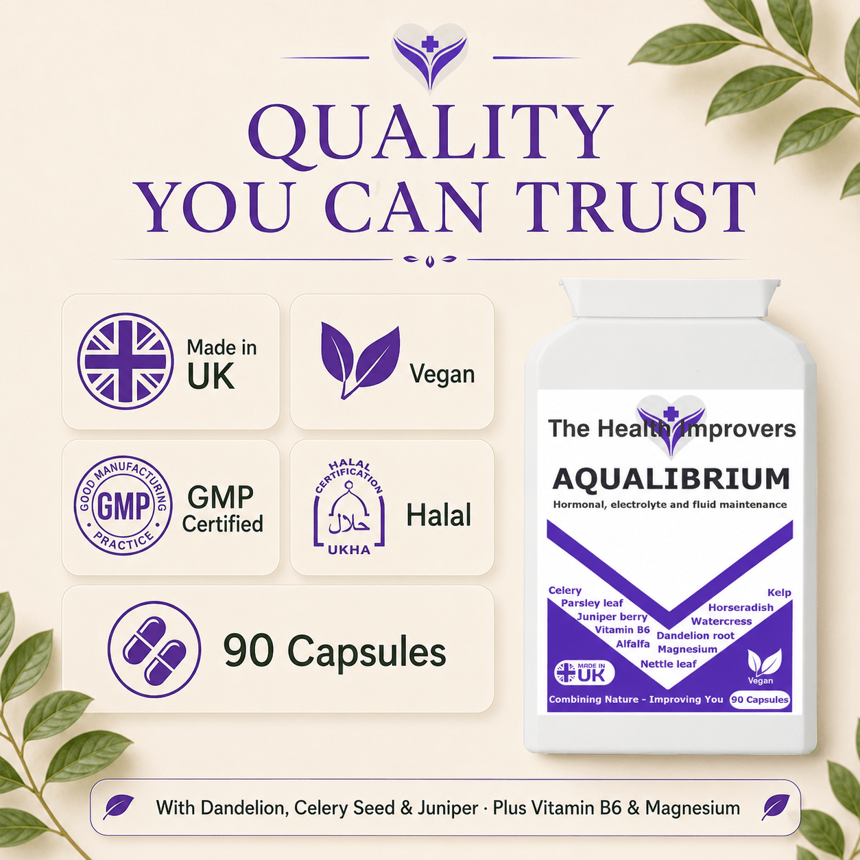 Aqualibrium quality standards, UK made, vegan, GMP certified and halal