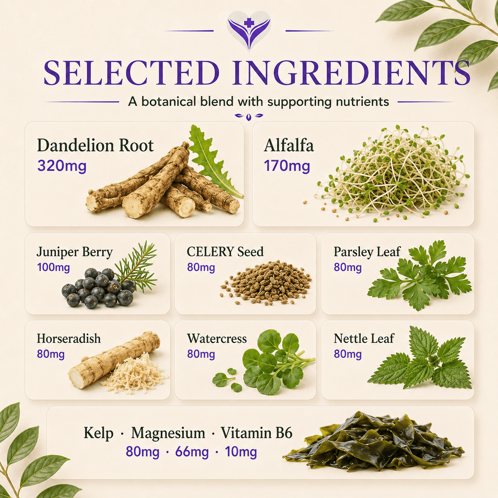Selected ingredients in Aqualibrium including dandelion root, alfalfa, juniper berry, celery seed, nettle, parsley, kelp, magnesium and vitamin B6