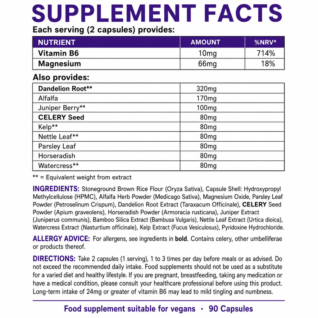 Aqualibrium supplement facts and ingredients panel, contains celery