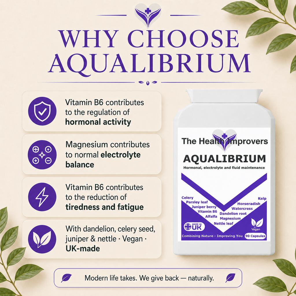 Why choose Aqualibrium, vitamin B6 contributes to the regulation of hormonal activity and the reduction of tiredness, and magnesium to normal electrolyte balance and muscle function, with dandelion, celery seed and juniper