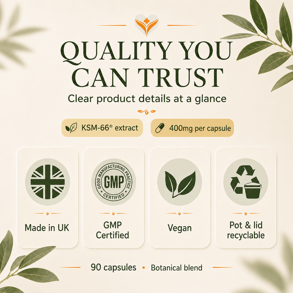 Ashwagandha Complex quality standards, UK made, vegan and GMP certified