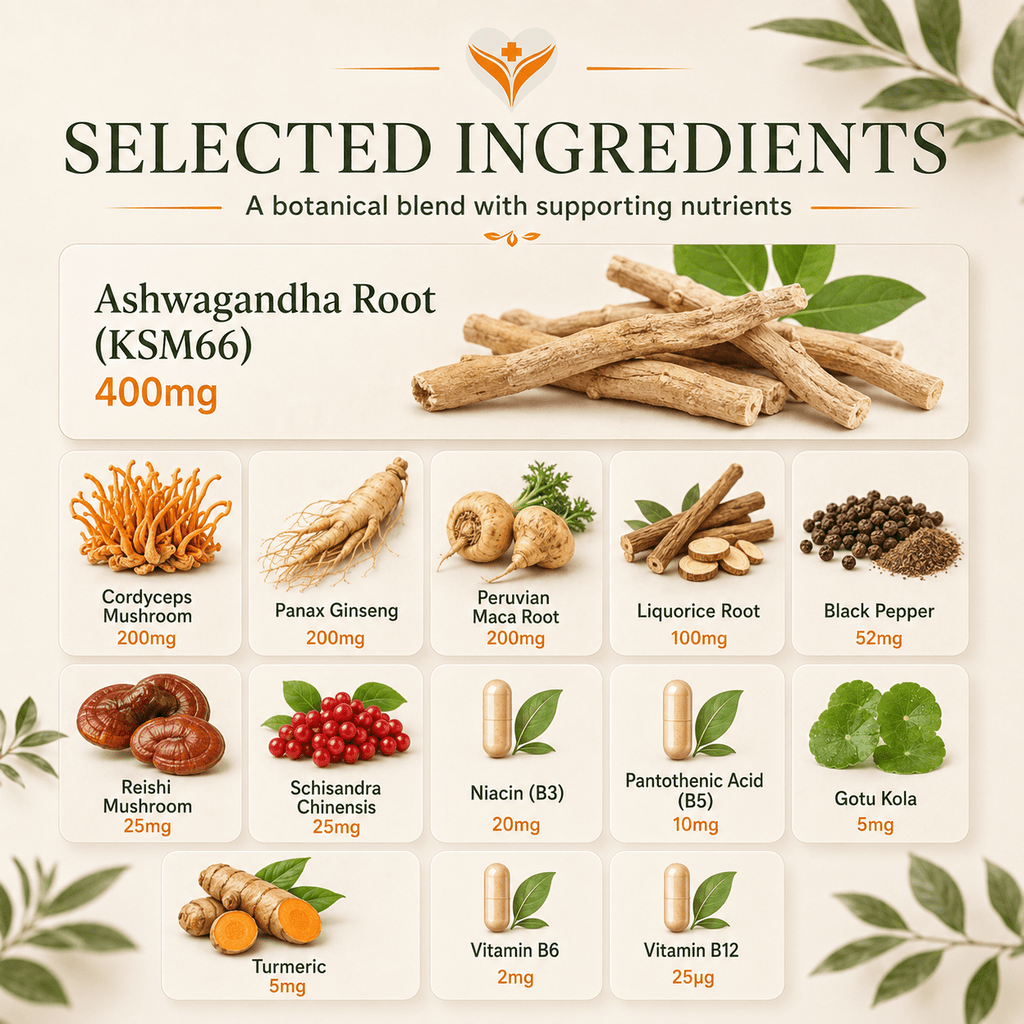Selected ingredients in Ashwagandha Complex including KSM-66 ashwagandha, turmeric, maca, liquorice root, black pepper and panax ginseng