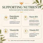 Supporting nutrients in Ashwagandha Complex, pantothenic acid for normal mental performance, vitamin B6 for normal psychological function and vitamin B12 for the reduction of tiredness and fatigue