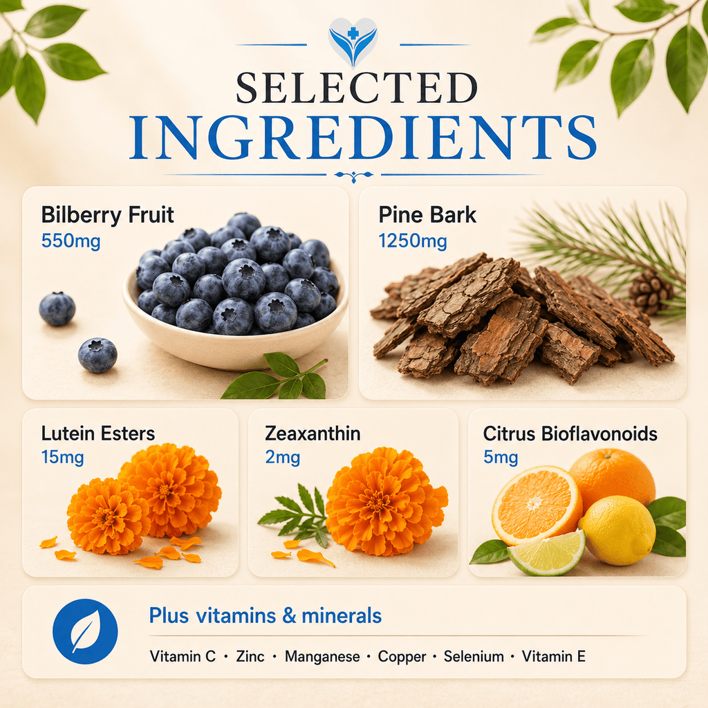 Selected ingredients in Better Eyes Complex including bilberry, lutein, zeaxanthin, pine bark, zinc and vitamins C and E