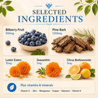 Selected ingredients in Better Eyes Complex including bilberry, lutein, zeaxanthin, pine bark, zinc and vitamins C and E