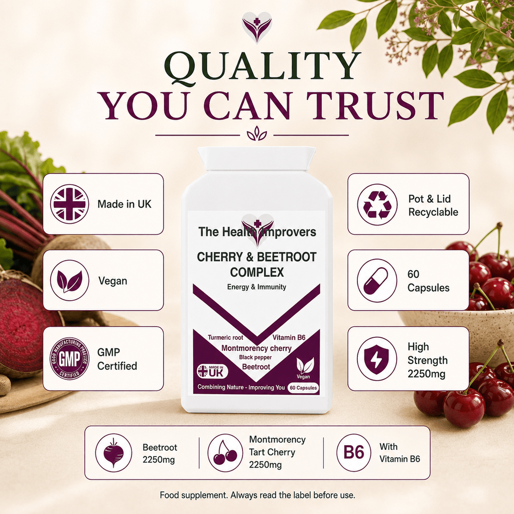 Cherry & Beetroot Complex quality standards, UK made, vegan, kosher and halal