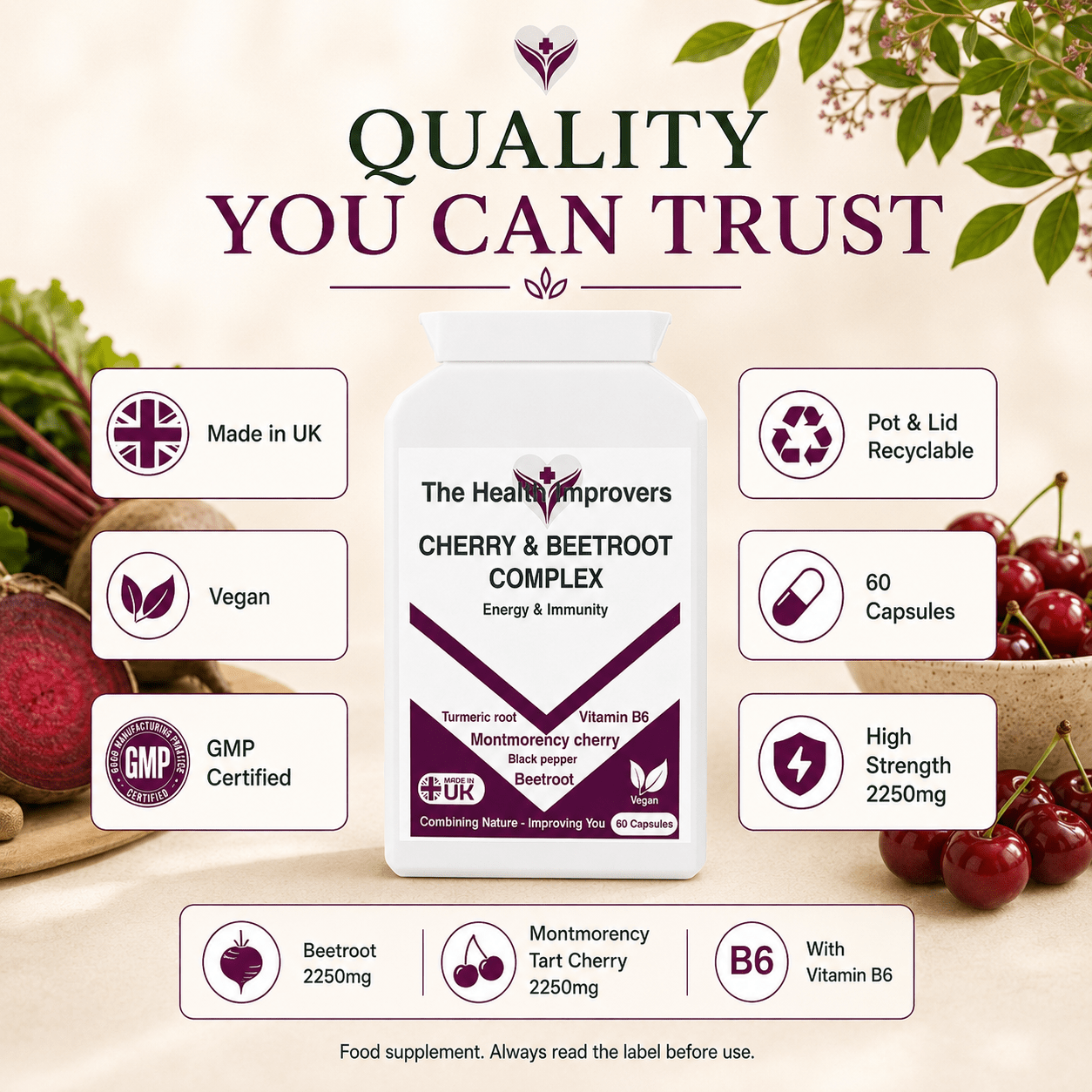 Cherry & Beetroot Complex quality standards, UK made, vegan, kosher and halal