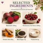 Selected ingredients in Cherry & Beetroot Complex including Montmorency cherry, beetroot, black pepper, vitamin B6 and vitamin C