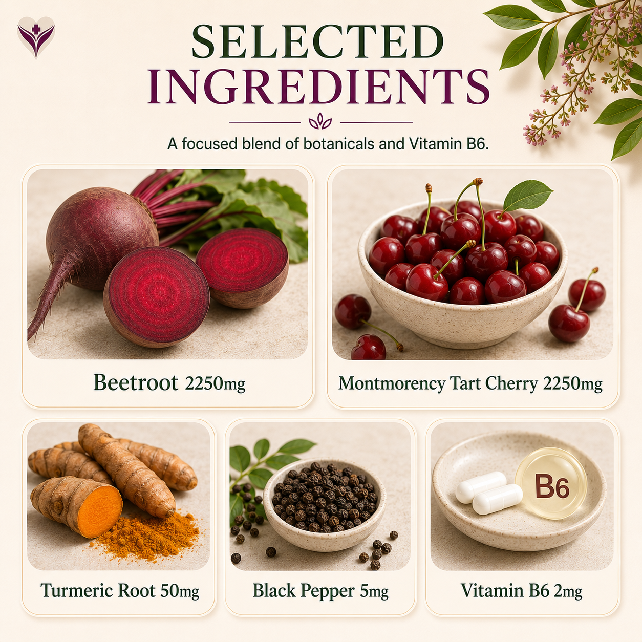 Selected ingredients in Cherry & Beetroot Complex including Montmorency cherry, beetroot, black pepper, vitamin B6 and vitamin C