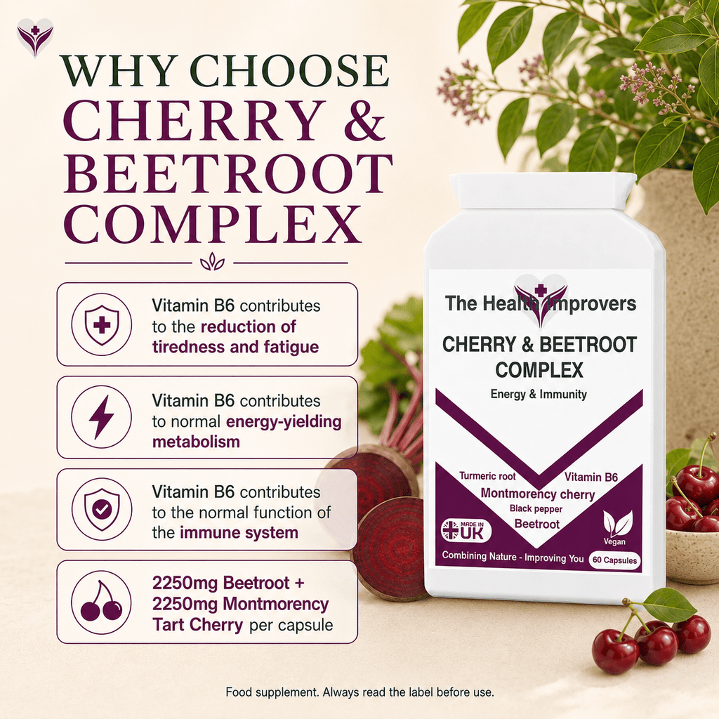 Why choose Cherry & Beetroot Complex, vitamin B6 and vitamin C contribute to normal energy-yielding metabolism and the reduction of tiredness, and vitamin C to normal immune function, with Montmorency cherry and beetroot