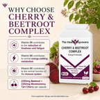 Why choose Cherry & Beetroot Complex, vitamin B6 and vitamin C contribute to normal energy-yielding metabolism and the reduction of tiredness, and vitamin C to normal immune function, with Montmorency cherry and beetroot