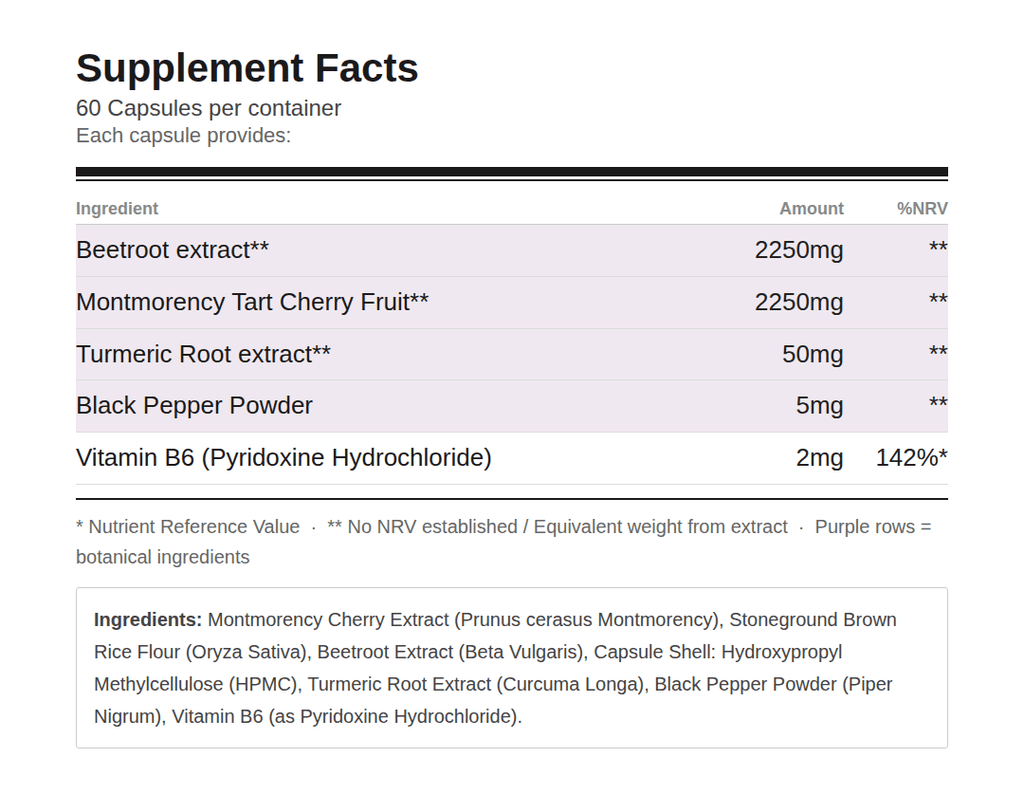 Montmorency Cherry and Beetroot front of bottle, UK-made vegan supplement