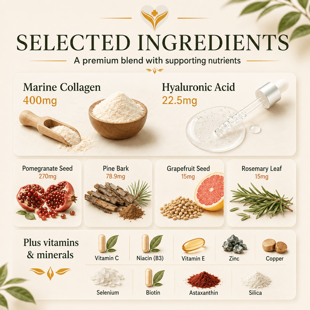 Selected ingredients in Collagen Beauty Complex including marine collagen, hyaluronic acid, vitamin C, biotin, zinc and silica