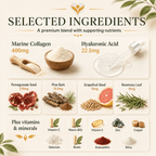 Selected ingredients in Collagen Beauty Complex including marine collagen, hyaluronic acid, vitamin C, biotin, zinc and silica