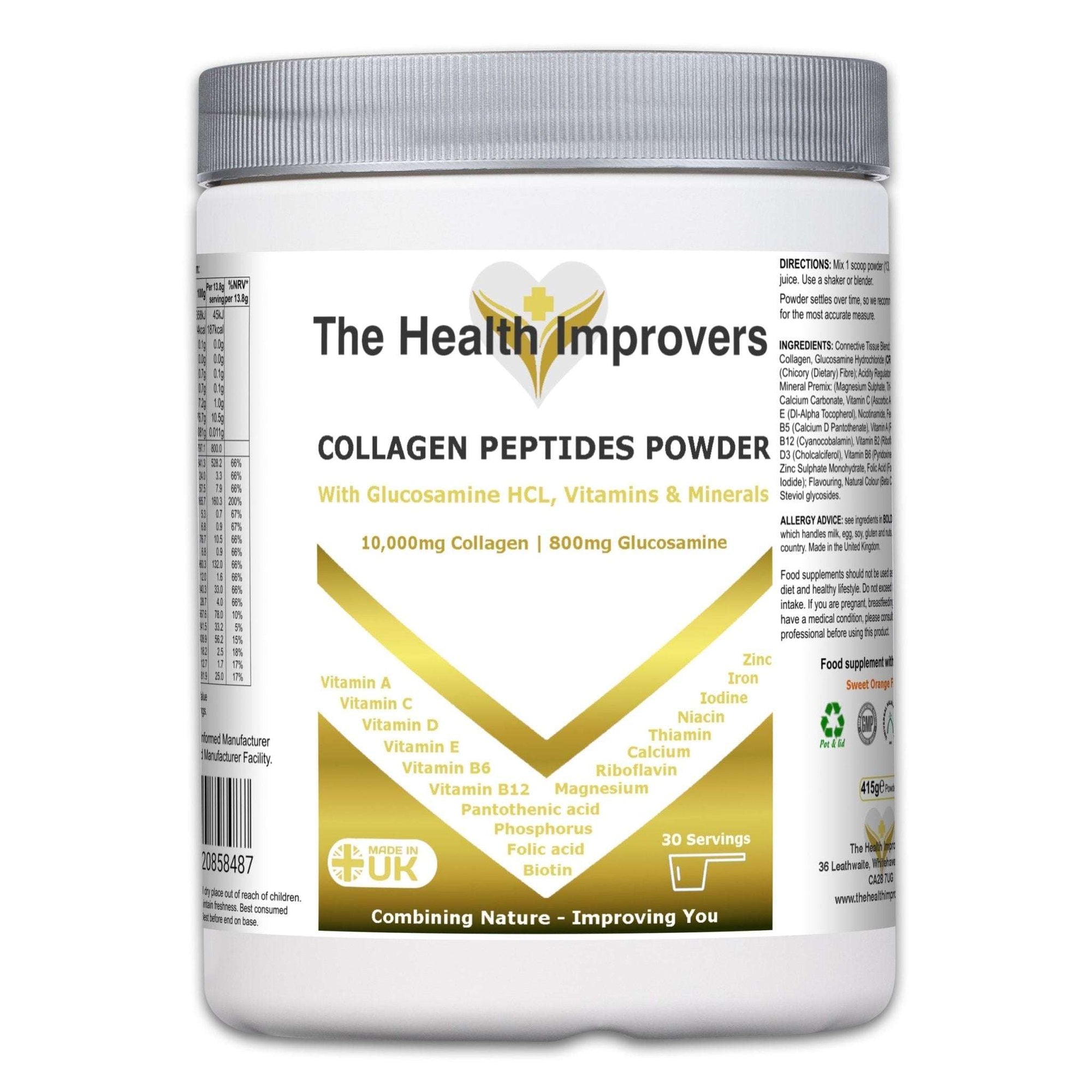 Collagen Peptides Powder Drink Mix | 10,000mg Hydrolysed Collagen | 800mg Glucosamine HCL | - The Health Improvers