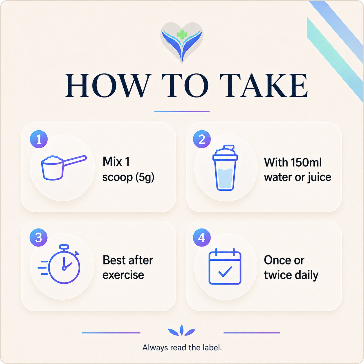 How to take Creatine Monohydrate, mix one scoop into water or juice daily