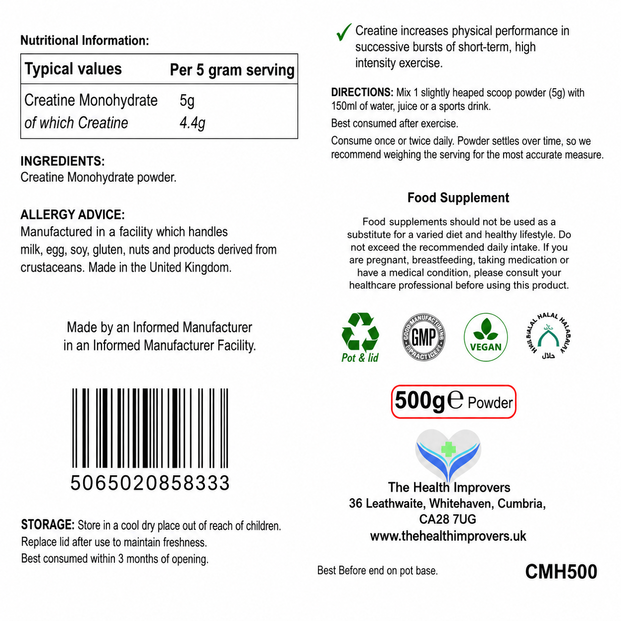Creatine Monohydrate supplement facts and ingredients panel