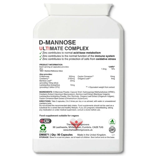 D-Mannose UTI Support Supplement | High Strength Cranberry, Probiotics & Zinc - The Health Improvers