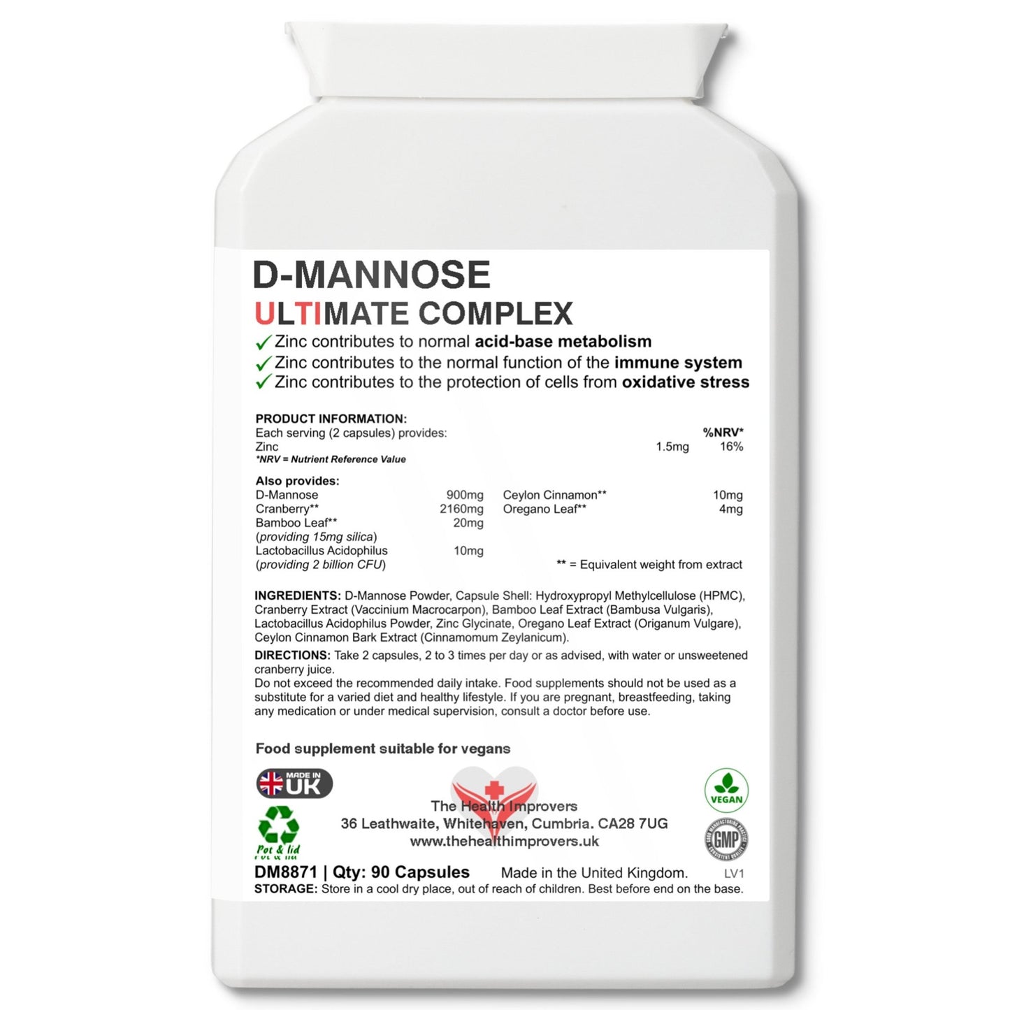 D - Mannose Ultimate Complex for UTIs in Women, with Cranberry, Lactobacillus Acidophilus, Zinc, Cinnamon, Oregano and Bamboo Leaf Tablets Capsules - The Health Improvers