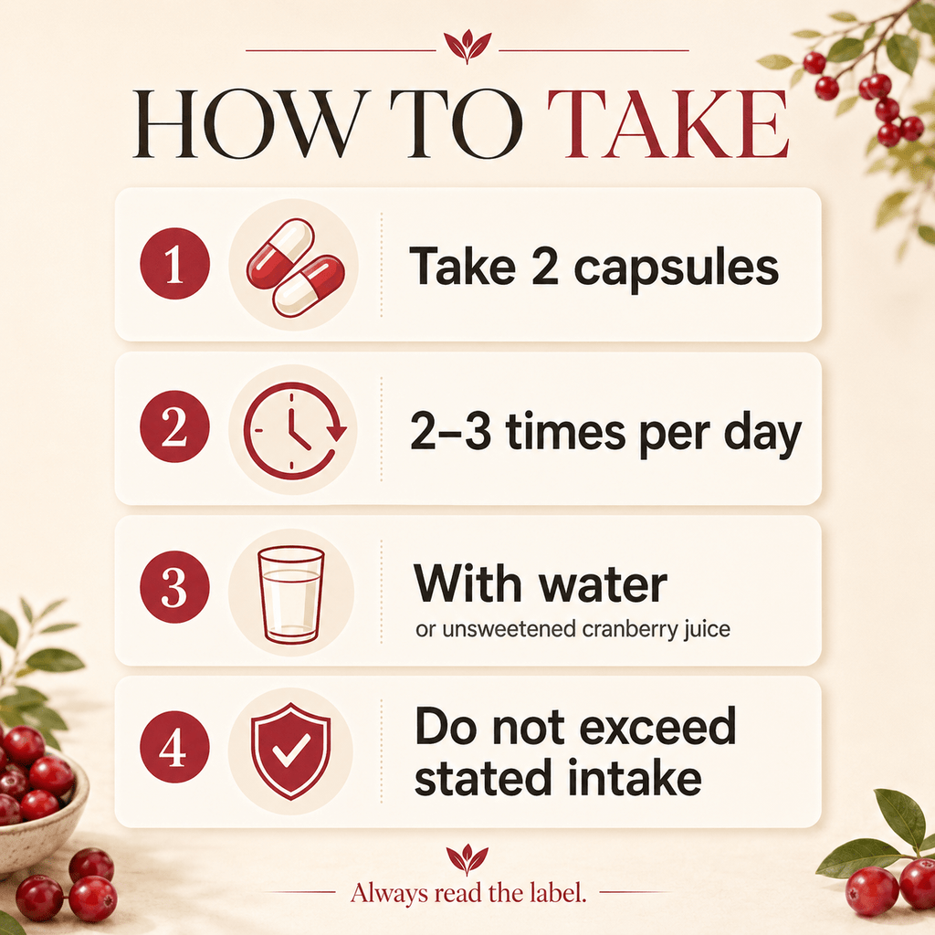 How to take D-Mannose Ultimate Complex: 2 capsules, 2 to 3 times per day, with water or unsweetened cranberry juice. Do not exceed the stated intake.