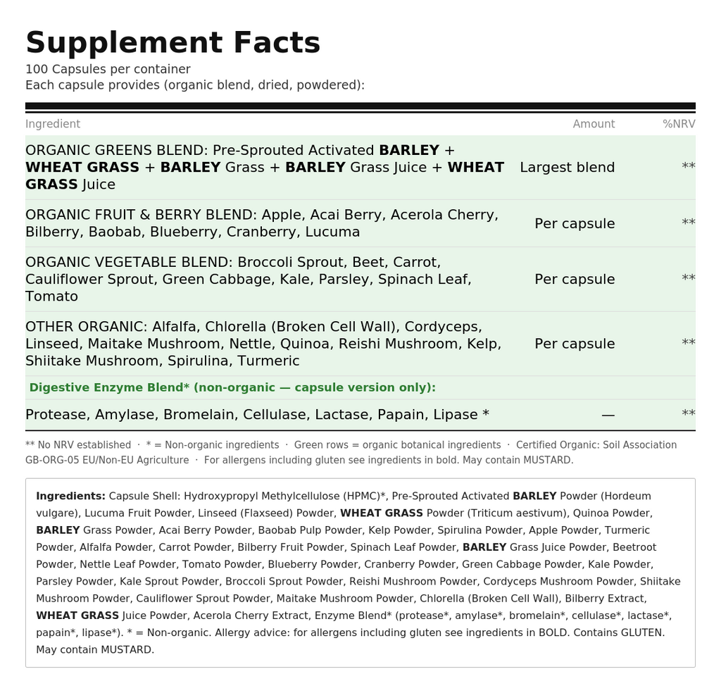 Organic Daily Greens - front of bottle - UK made vegan supplement