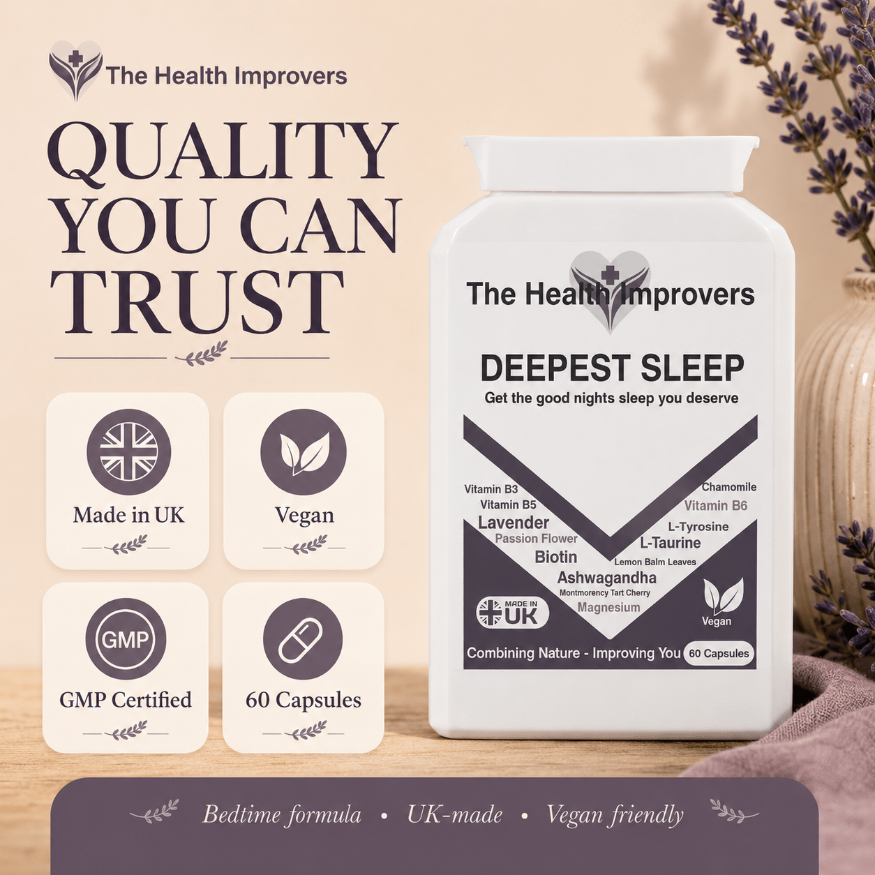 Deepest Sleep quality standards, UK made, vegan, GMP certified, 60 capsules