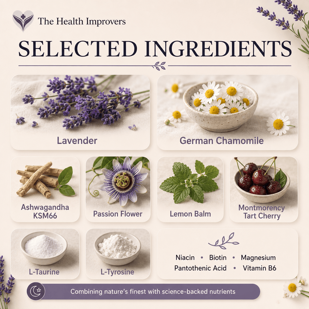 Selected ingredients in Deepest Sleep including lavender, chamomile, ashwagandha KSM66, Montmorency tart cherry, passion flower, lemon balm, L-taurine and L-tyrosine