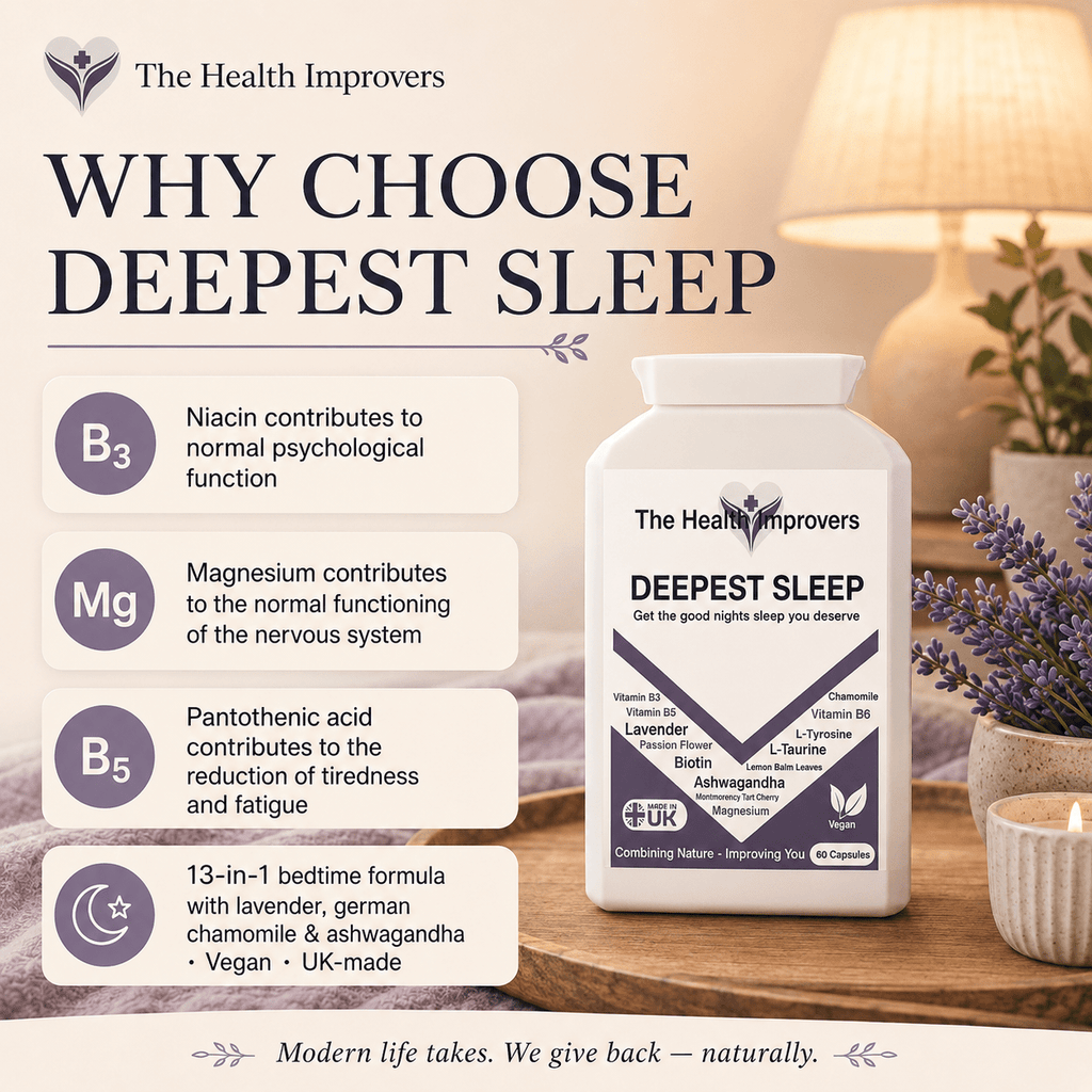 Why choose Deepest Sleep, niacin contributes to normal psychological function, vitamin B6 to the normal functioning of the nervous system and pantothenic acid to the reduction of tiredness and fatigue, with lavender, chamomile and ashwagandha for your evening routine