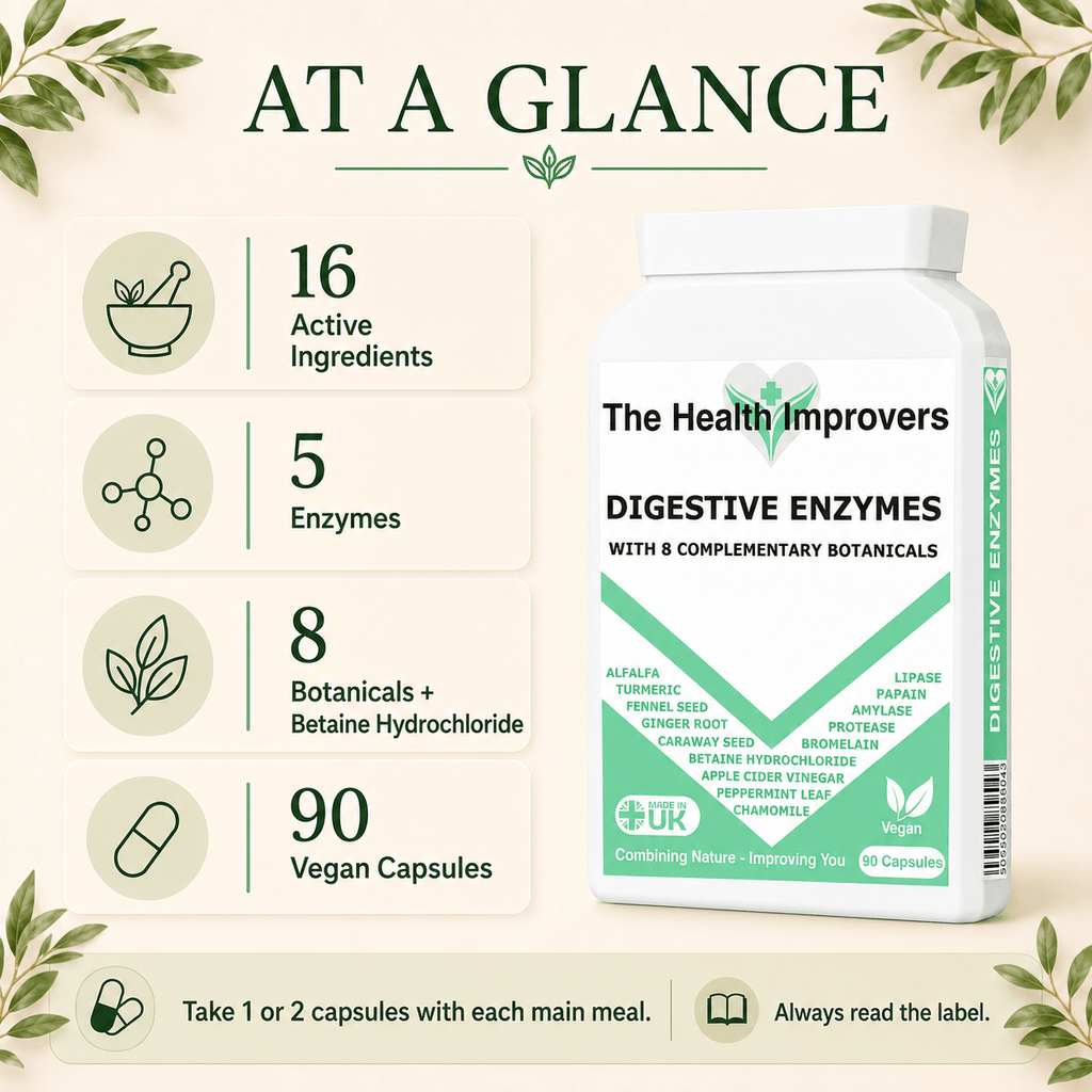 Digestive Enzymes at a glance, 16 active ingredients, 6 enzymes, 8 herbs and 90 capsules