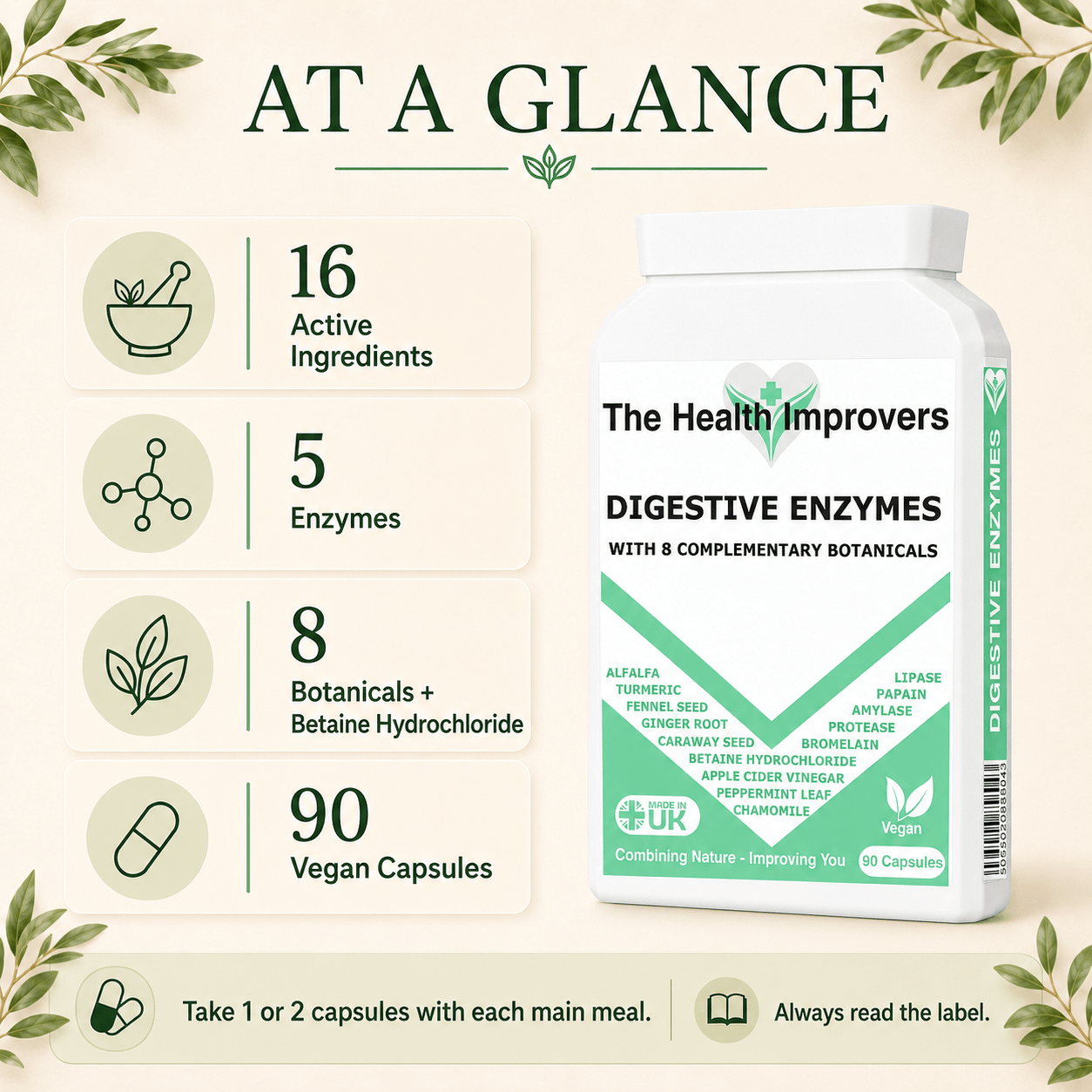 Digestive Enzymes at a glance, 16 active ingredients, 6 enzymes, 8 herbs and 90 capsules