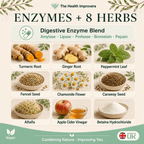 Digestive enzyme blend with amylase, lipase, protease, papain and bromelain plus eight herbs including turmeric, fennel, ginger and peppermint