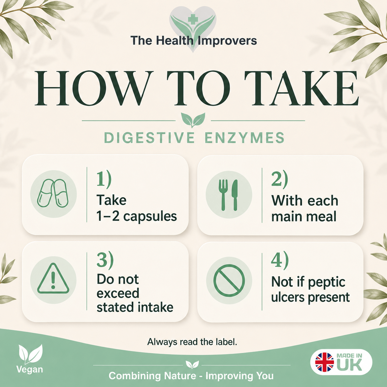 How to take Digestive Enzymes, one to two capsules with each main meal
