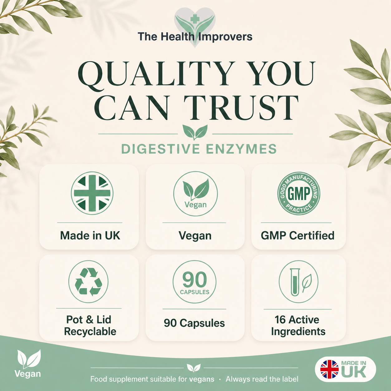 Digestive Enzymes quality standards, UK made, vegan and GMP certified