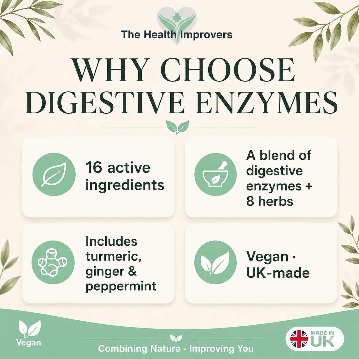 Why choose Digestive Enzymes, 16 active ingredients, a blend of digestive enzymes and eight herbs, vegan and UK made