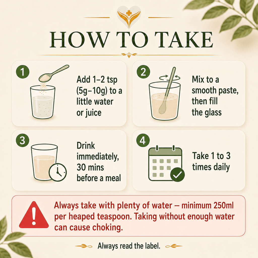 How to take Fibre&More, mix into water and take one to three times daily before meals with at least 250ml water