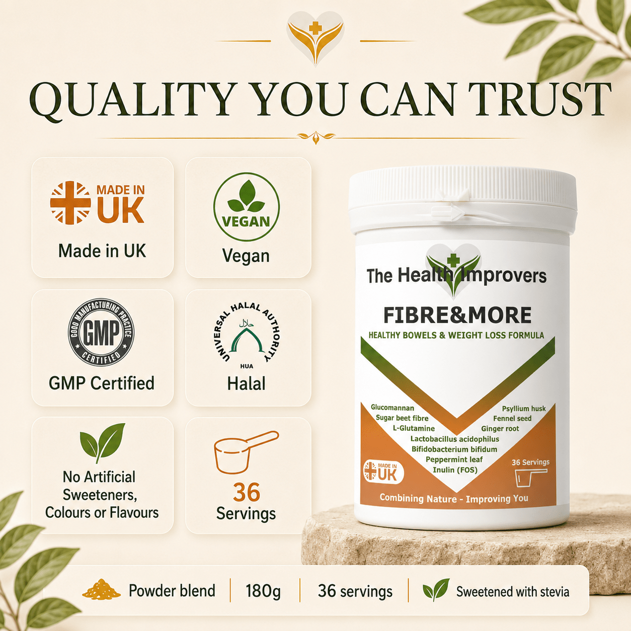 Fibre&More quality standards, UK made, vegan and GMP certified