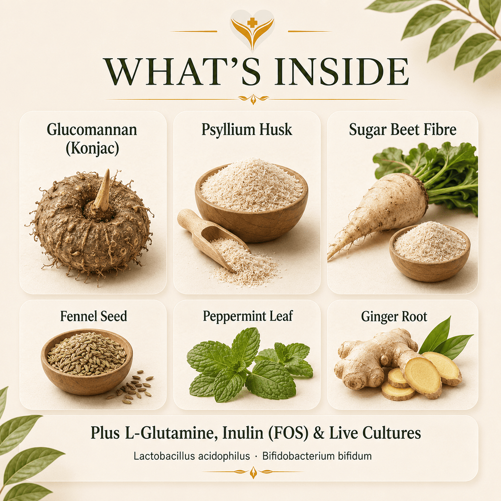 What is inside Fibre&More, glucomannan (konjac), psyllium husk, sugar beet fibre, inulin and live cultures