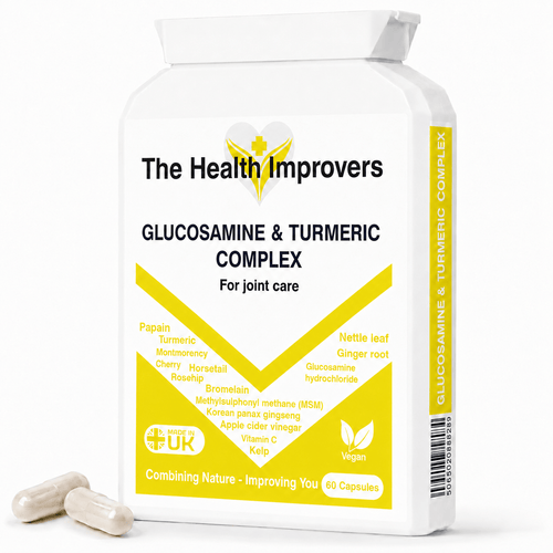 Glucosamine & Turmeric Complex with MSM supplement bottle by The Health Improvers